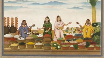 Four Women Selling food grains and vegetables. Wikimedia Commons